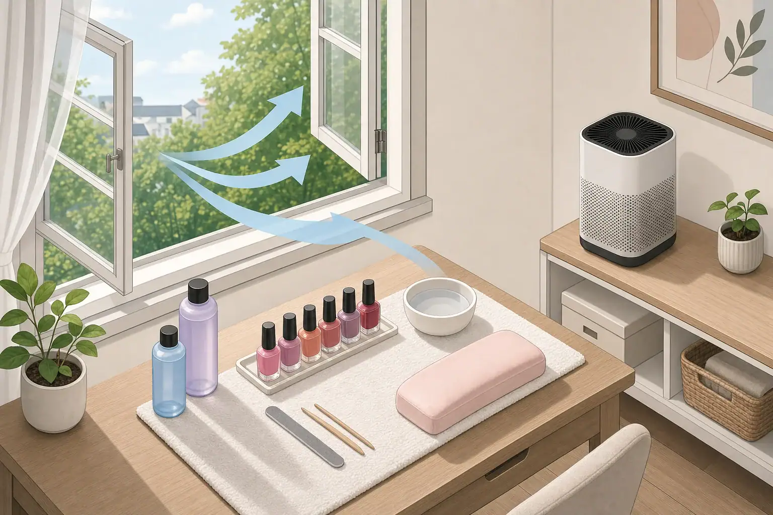 Home manicure area ventilated through an open window