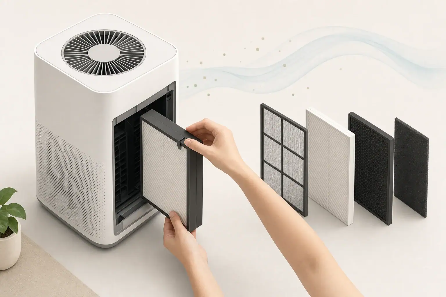 Air purifier filter being removed for routine maintenance