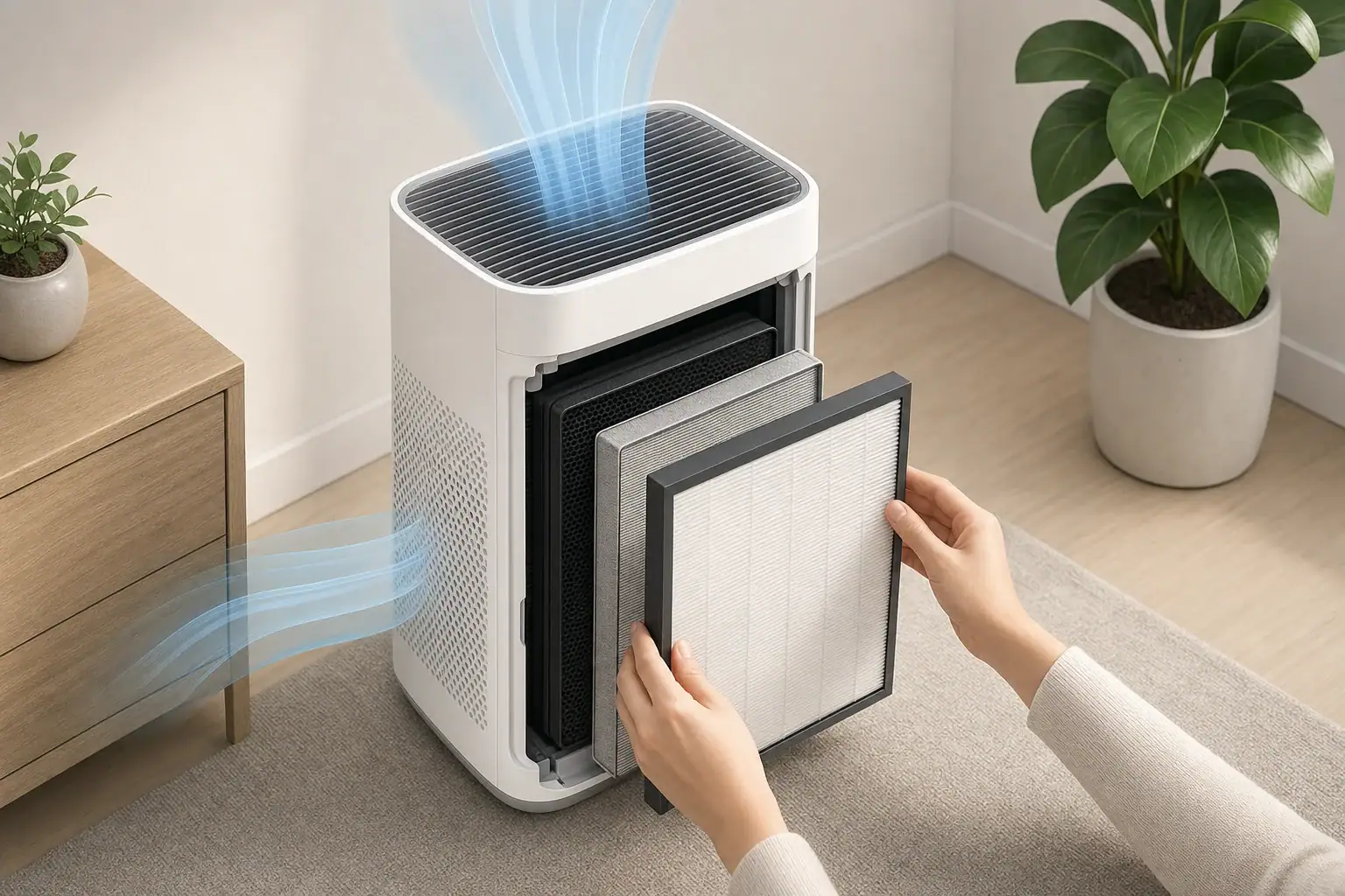 Air purifier filter being checked for proper fit