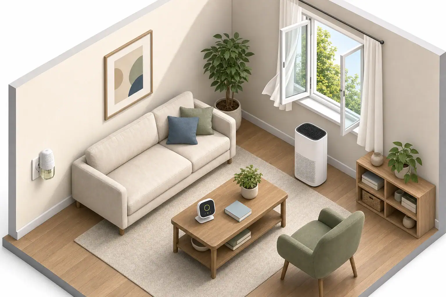 Room with a plug-in air freshener, air monitor, open window, and portable air cleaner.