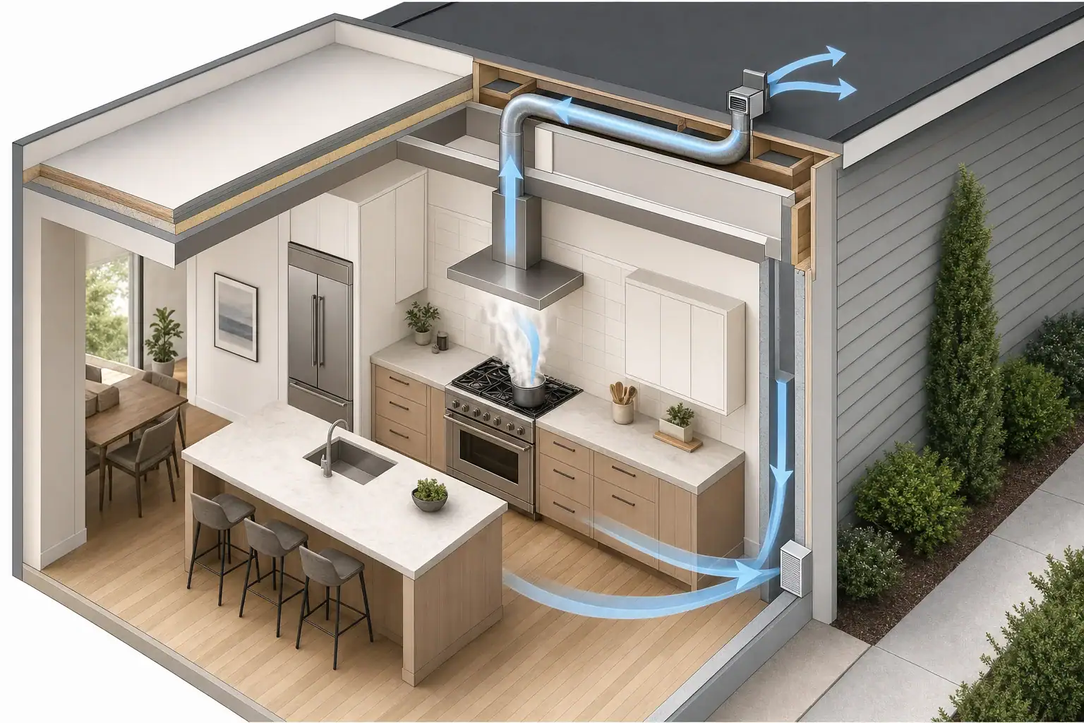 Kitchen range hood with a dedicated outdoor make-up air pathway