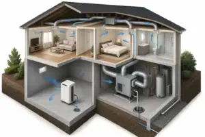 Cutaway home with portable and whole-house dehumidifiers