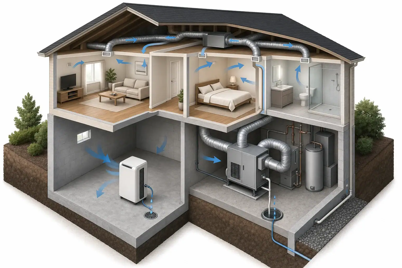Cutaway home with portable and whole-house dehumidifiers
