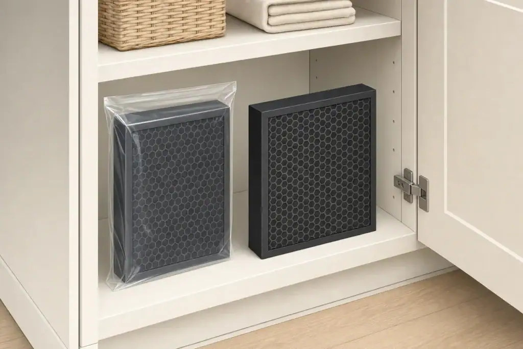 Sealed and exposed activated carbon filters in storage