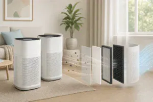 Two portable air-cleaning devices beside particle and carbon filter components