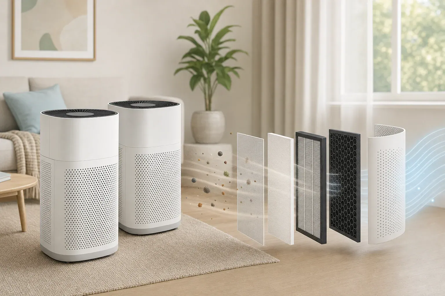 Two portable air-cleaning devices beside particle and carbon filter components
