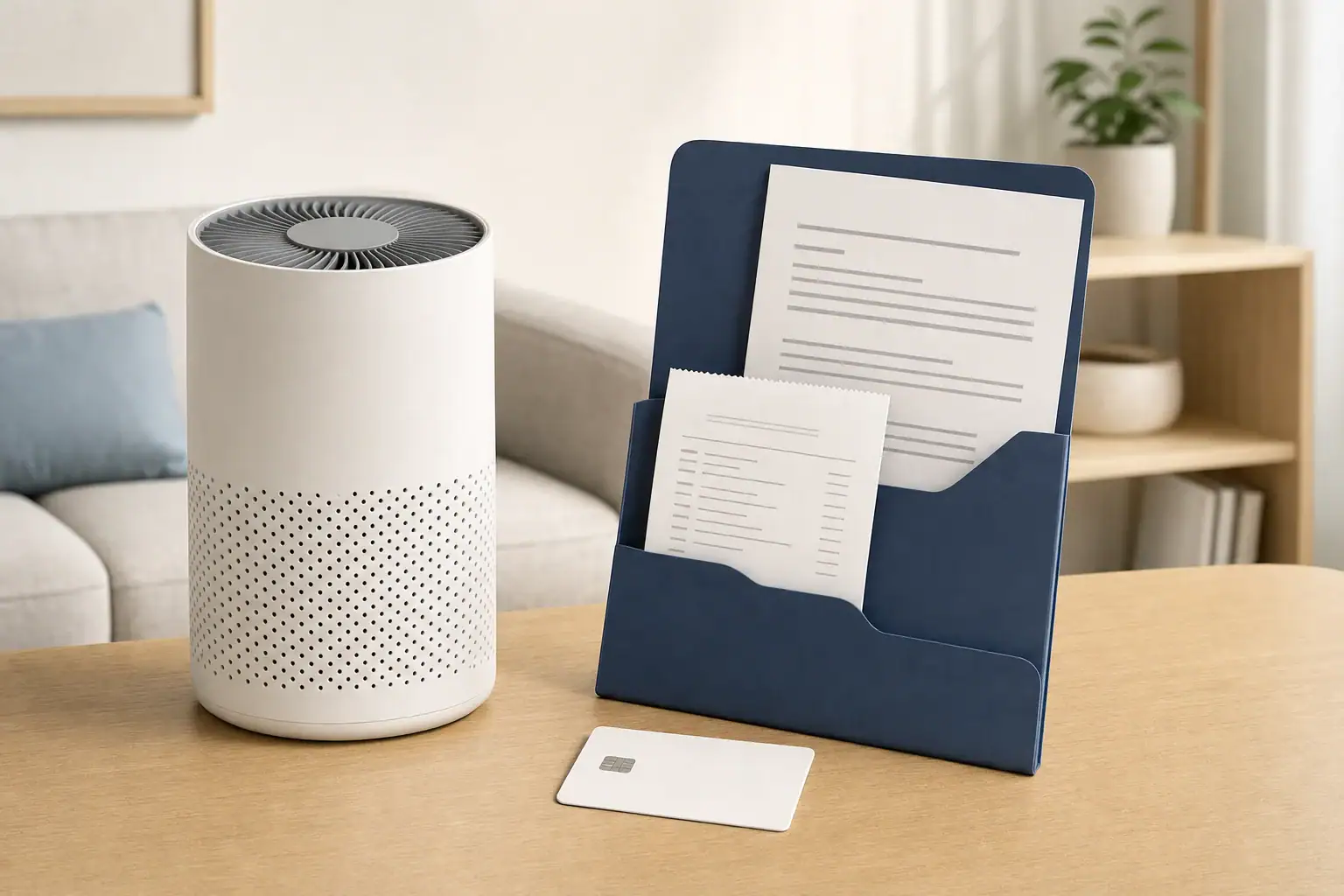 Editorial illustration of an air purifier beside a receipt and medical-purpose documentation folder