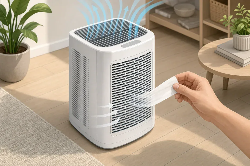Illustration of a hand holding a tissue strip near an air purifier grille to observe airflow direction