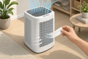 Illustration of a hand holding a tissue strip near an air purifier grille to observe airflow direction