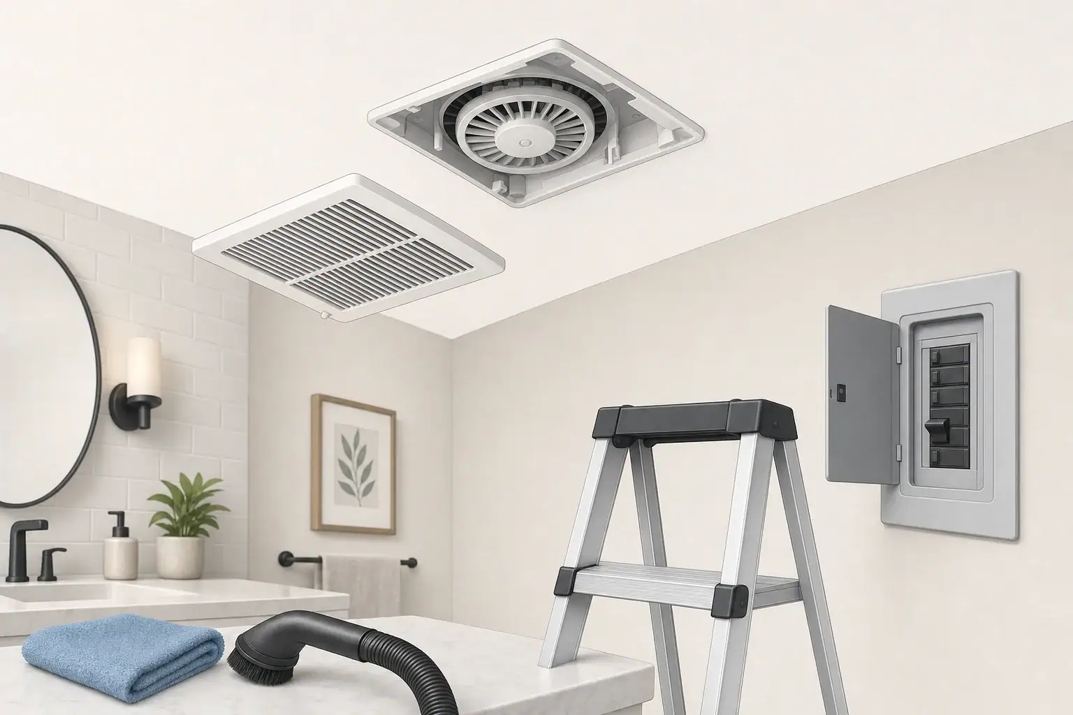 Bathroom ventilation fan grille, vacuum brush, cloth, and ladder prepared for safe cleaning
