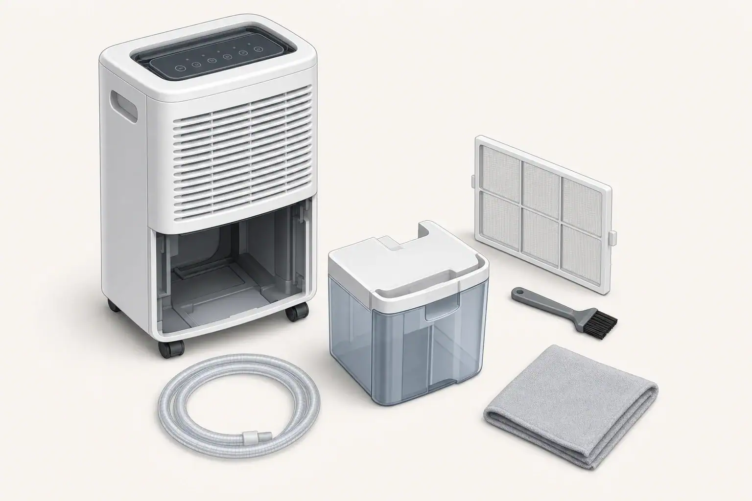 Dehumidifier with removable tank, filter, cleaning tools, and drain hose