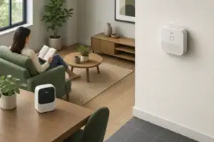 Tabletop CO2 monitor and separate wall-mounted carbon monoxide alarm