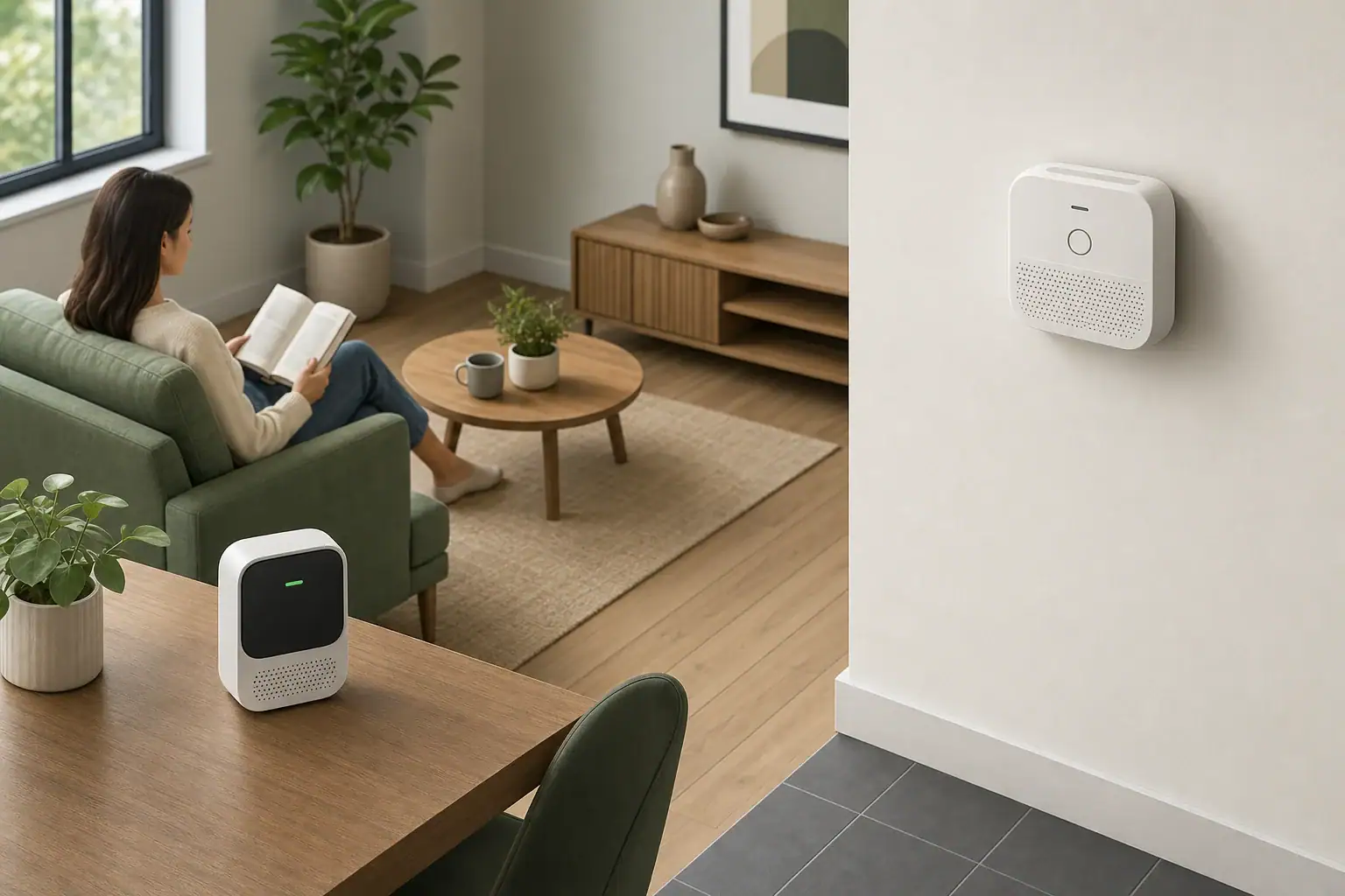 Tabletop CO2 monitor and separate wall-mounted carbon monoxide alarm