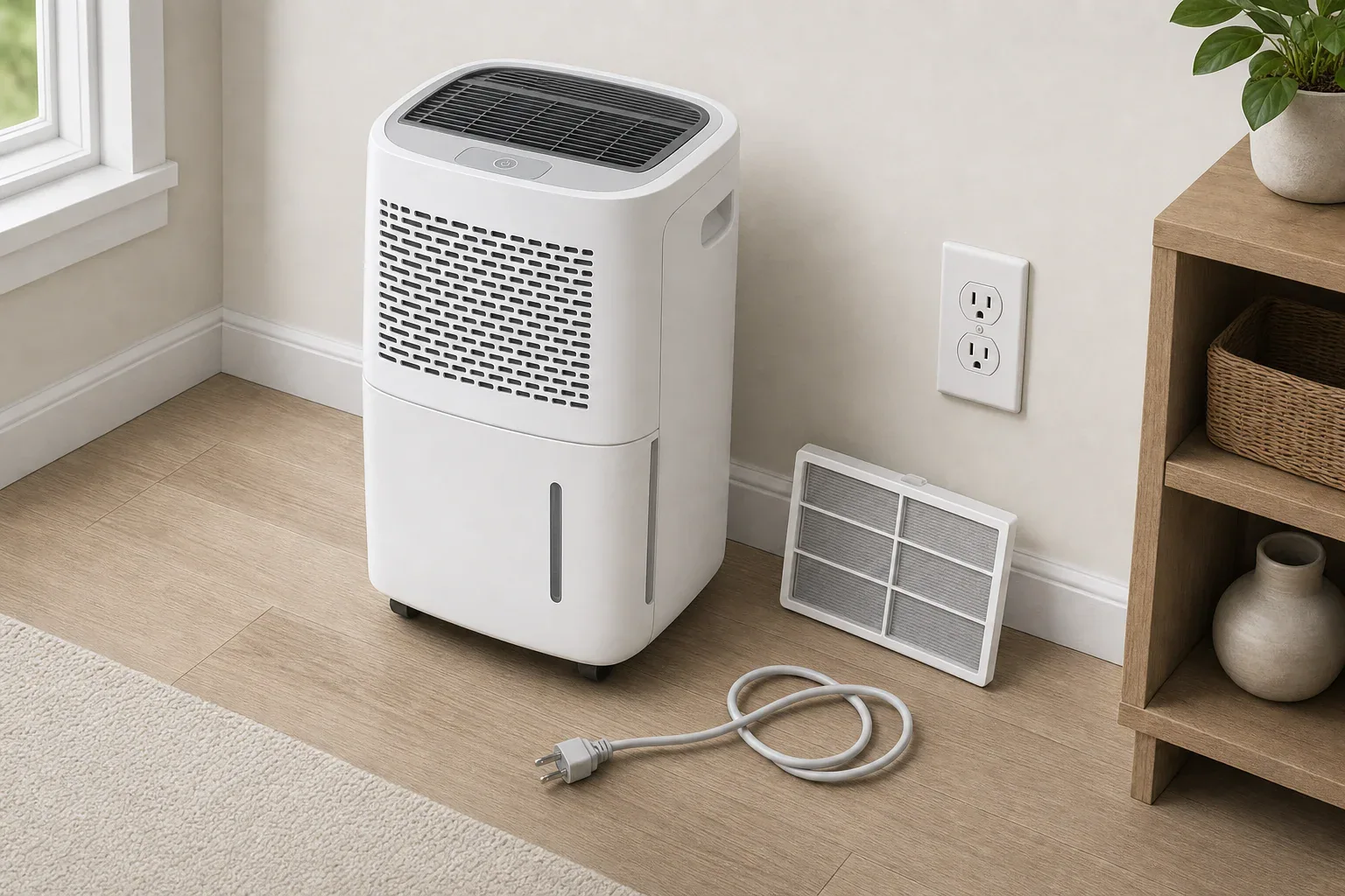 Unplugged portable dehumidifier ready for an exterior safety check