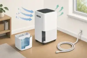 Portable dehumidifier with water bucket and drain hose