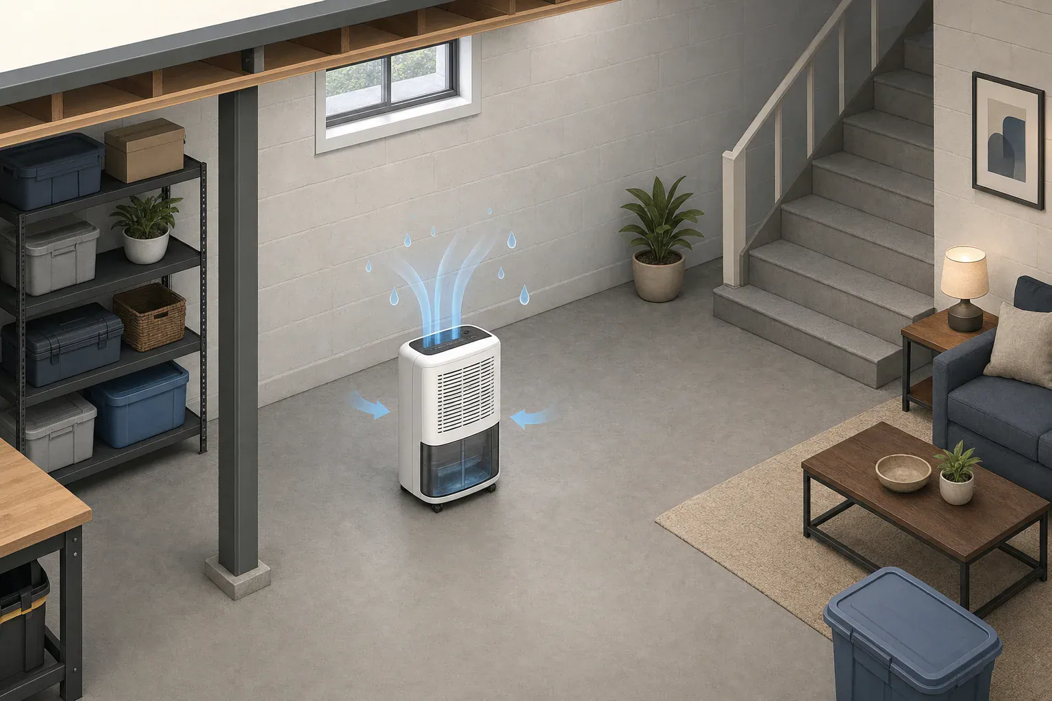 Portable dehumidifier operating in a basement room
