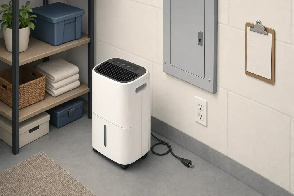 Unplugged portable dehumidifier beside a grounded wall outlet and closed electrical panel