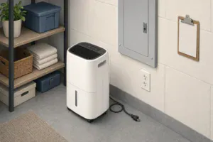 Unplugged portable dehumidifier beside a grounded wall outlet and closed electrical panel