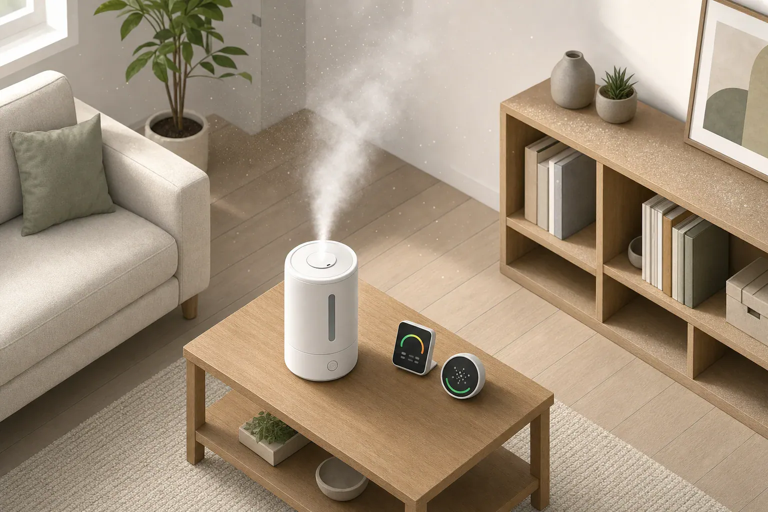 Editorial illustration of a humidifier with indoor humidity and particle monitors in a home room