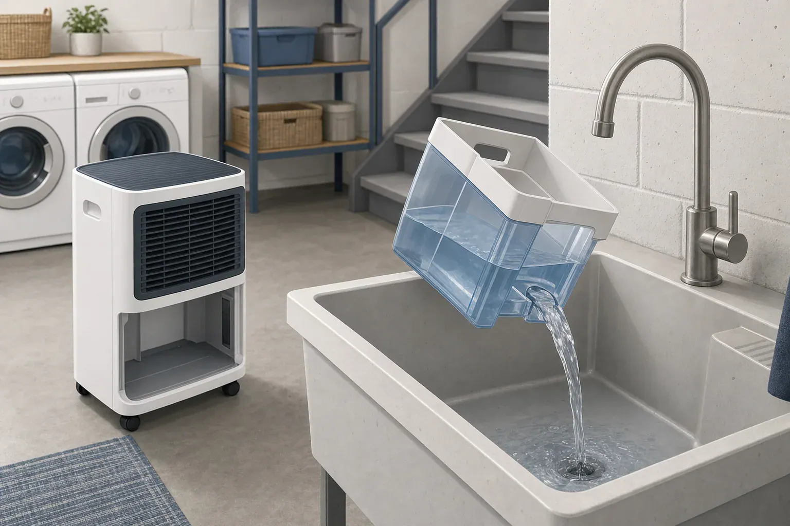 Dehumidifier bucket being emptied carefully into a utility sink