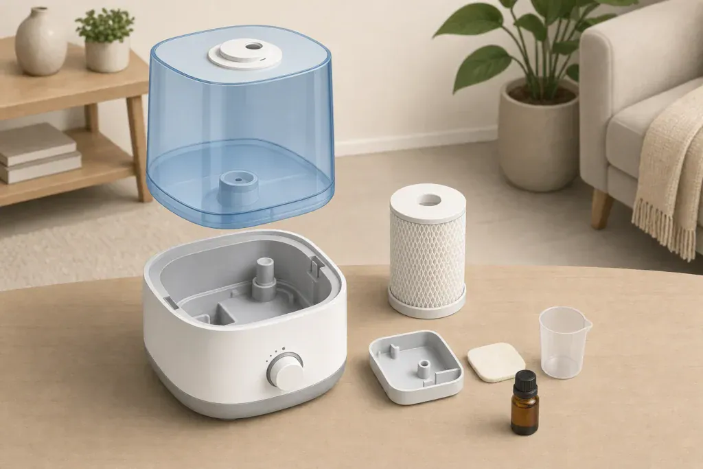 Illustration of a humidifier with separate water tank, wick, aroma tray, aroma pad, and medicine cup