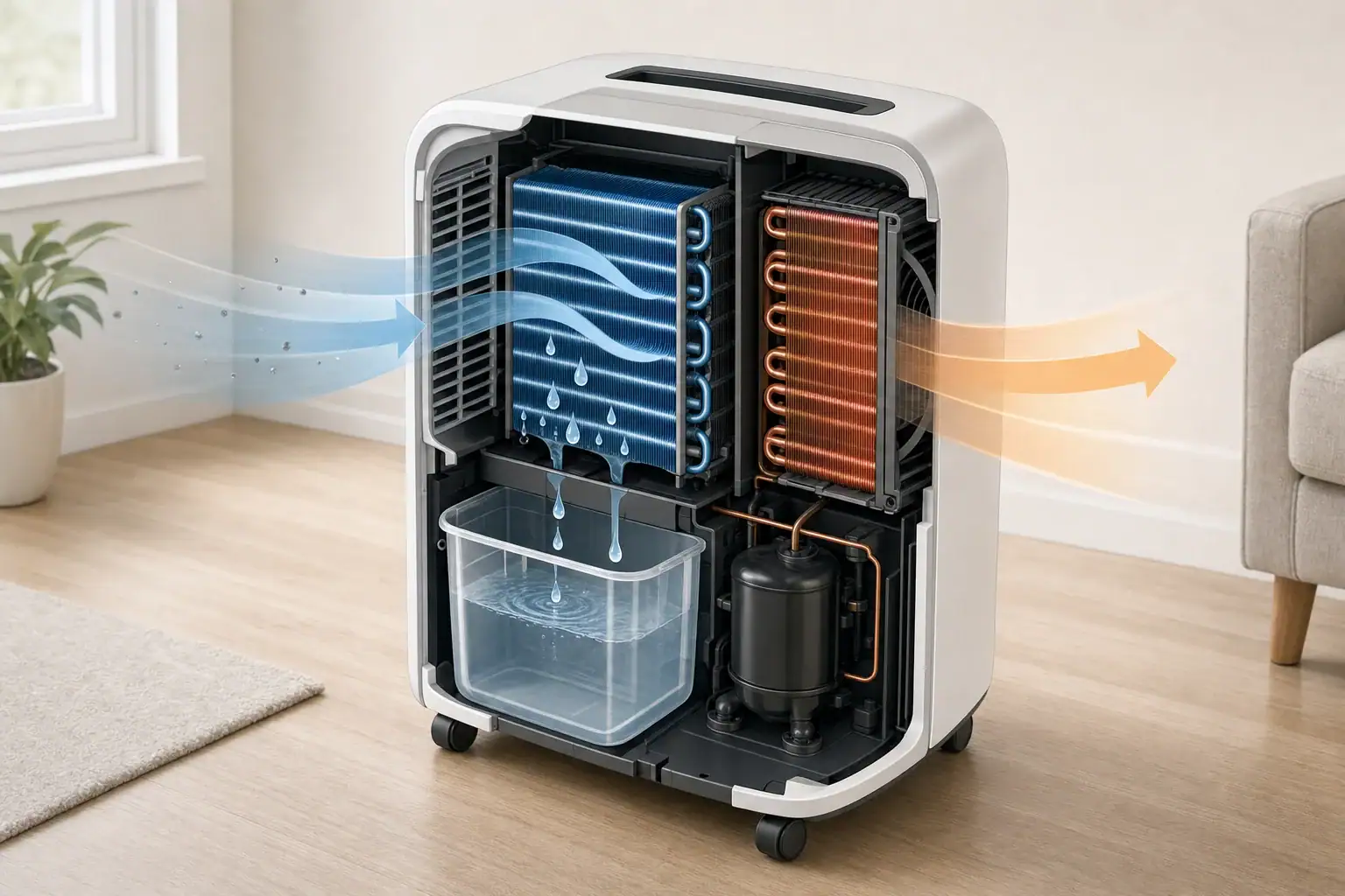 Cutaway illustration showing room air, condenser coils, collected water, and dry-air exhaust in a portable dehumidifier