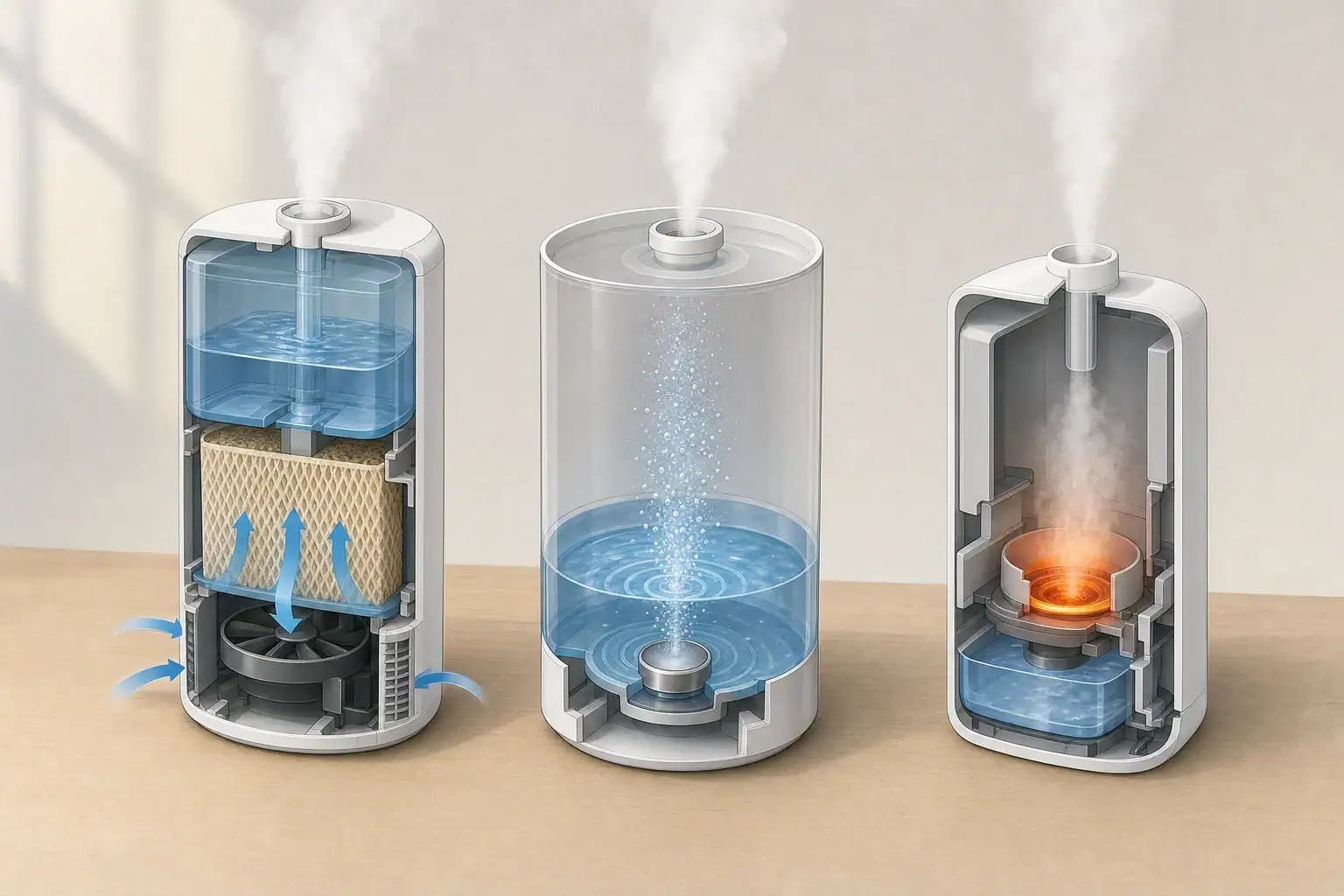 Editorial cutaway comparison of wick, ultrasonic, and steam humidifier mechanisms