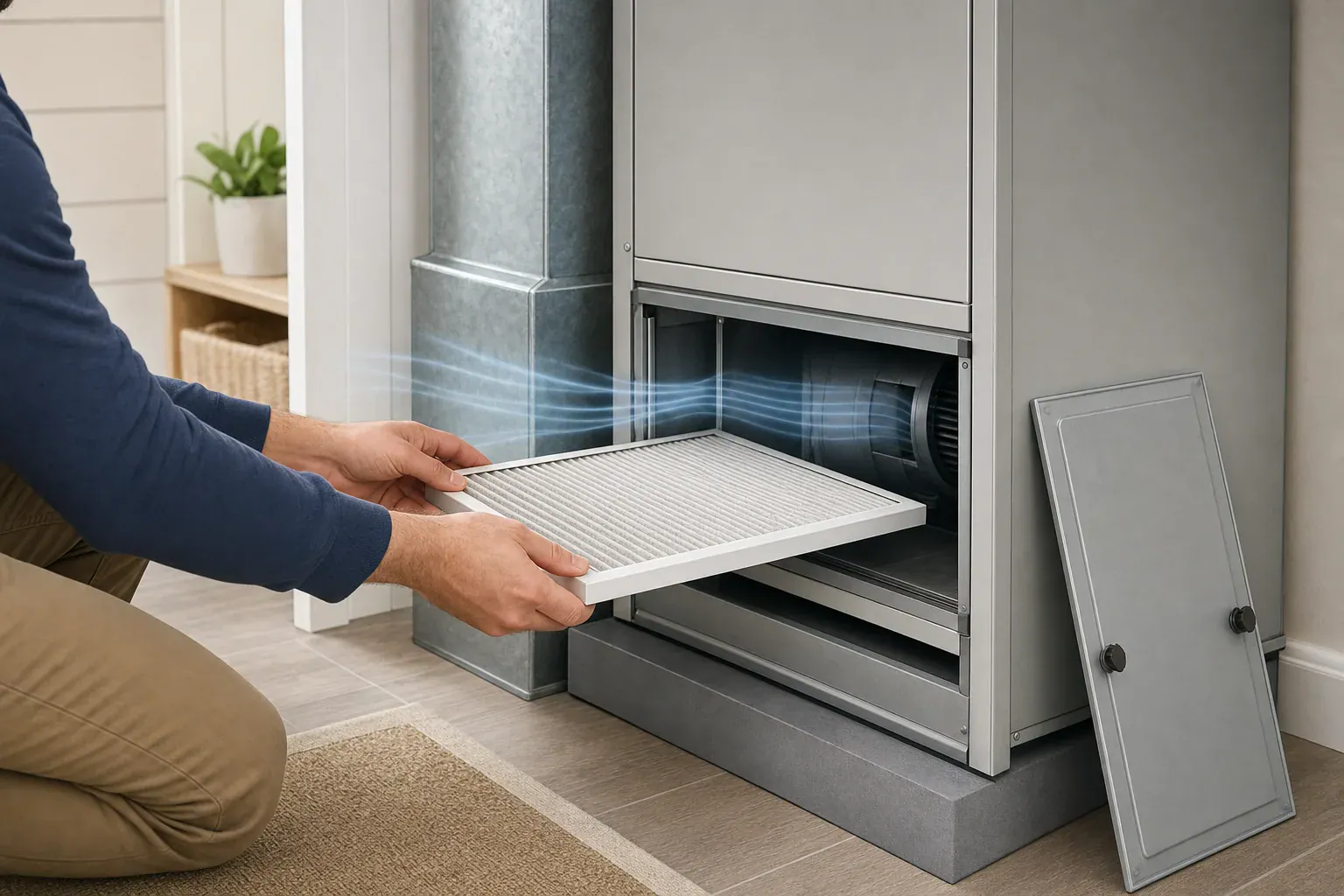 Illustration of a homeowner sliding a pleated HVAC filter into a return-air filter slot toward the blower.