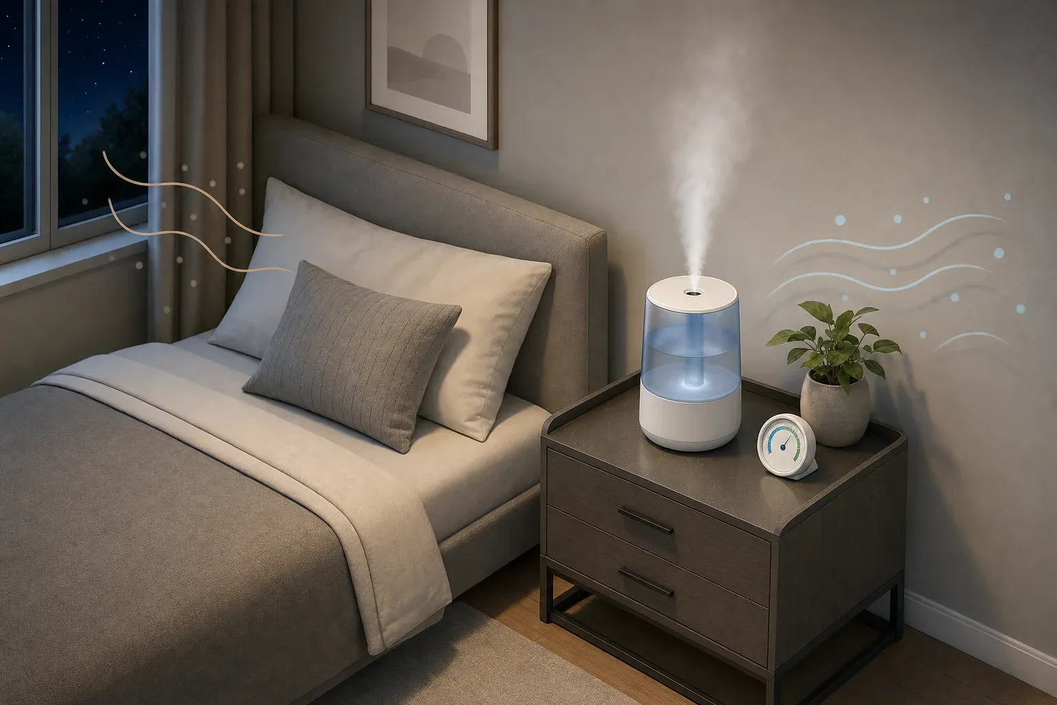 Bedroom humidifier and separate humidity gauge on a stable side table