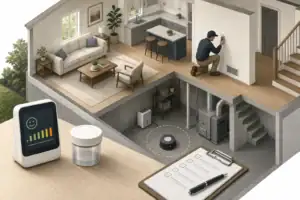 Illustration of home air monitor, radon test, sample container, checklist, and building inspection options