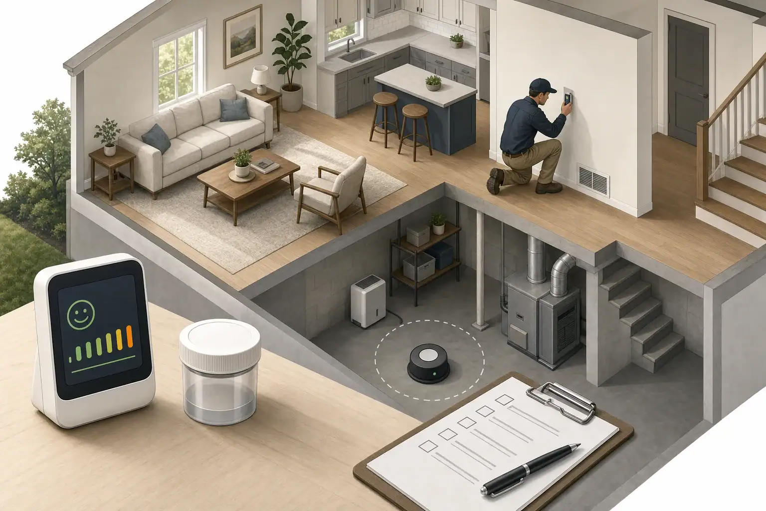 Illustration of home air monitor, radon test, sample container, checklist, and building inspection options