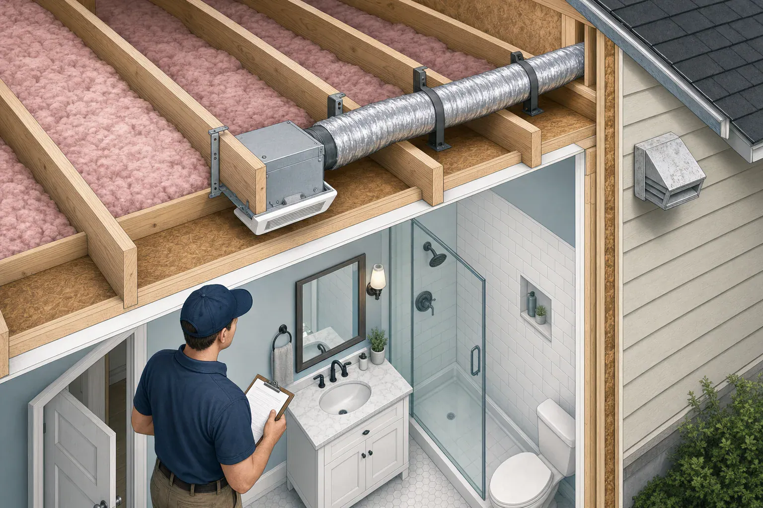 Isometric illustration of a bathroom fan housing between ceiling joists with an insulated duct leading outdoors