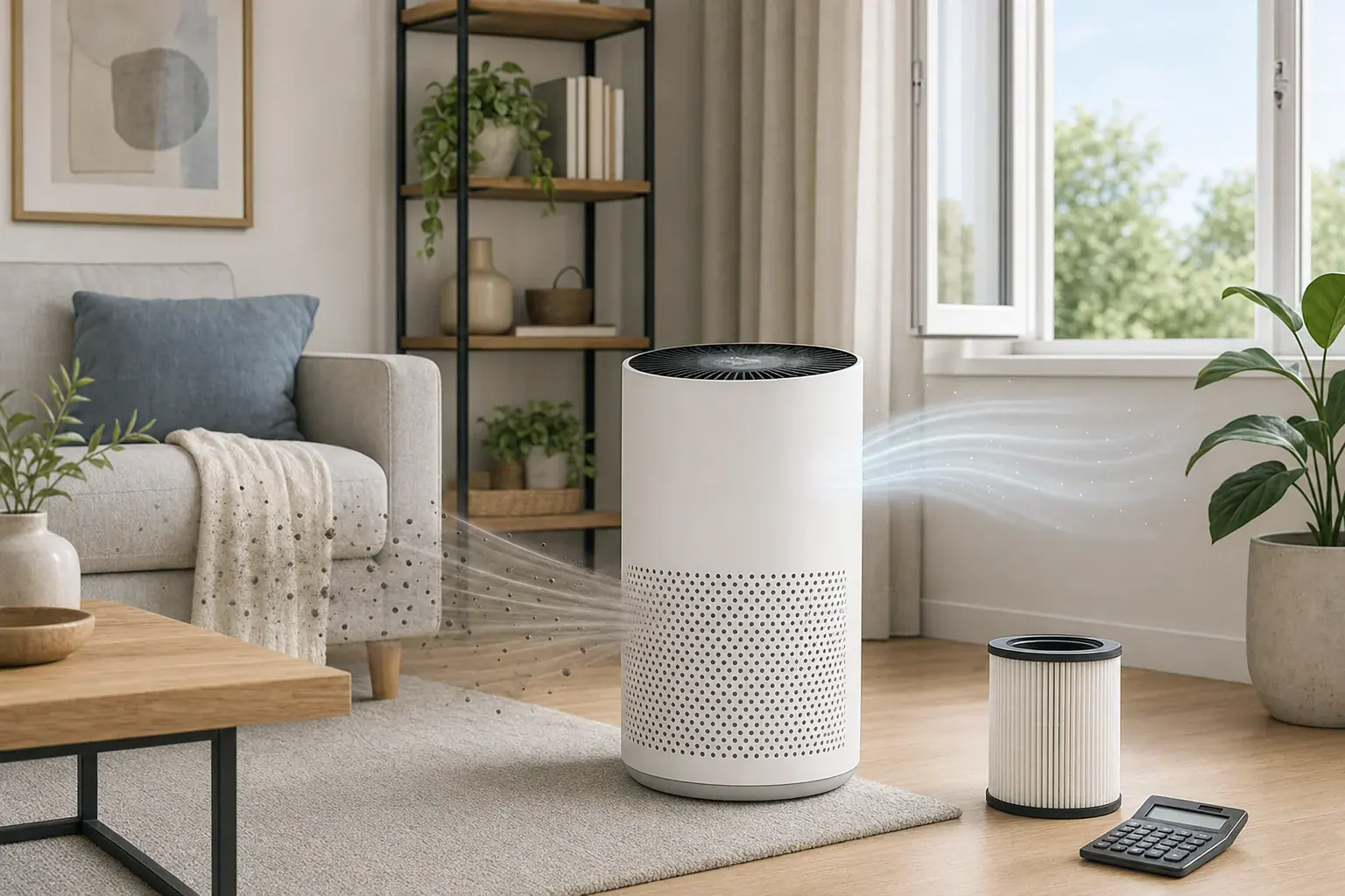 Editorial illustration of a portable air purifier in a living room with a replacement filter and calculator