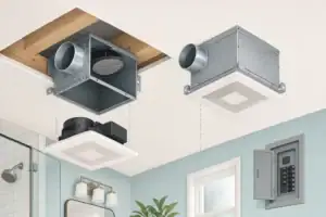 Illustration of bathroom fan retrofit parts and a complete replacement housing with duct collar and damper