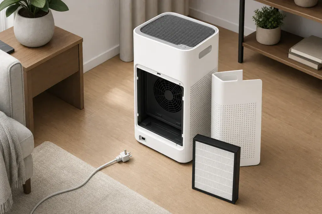 Unplugged air purifier with an open filter compartment and replacement filter beside it